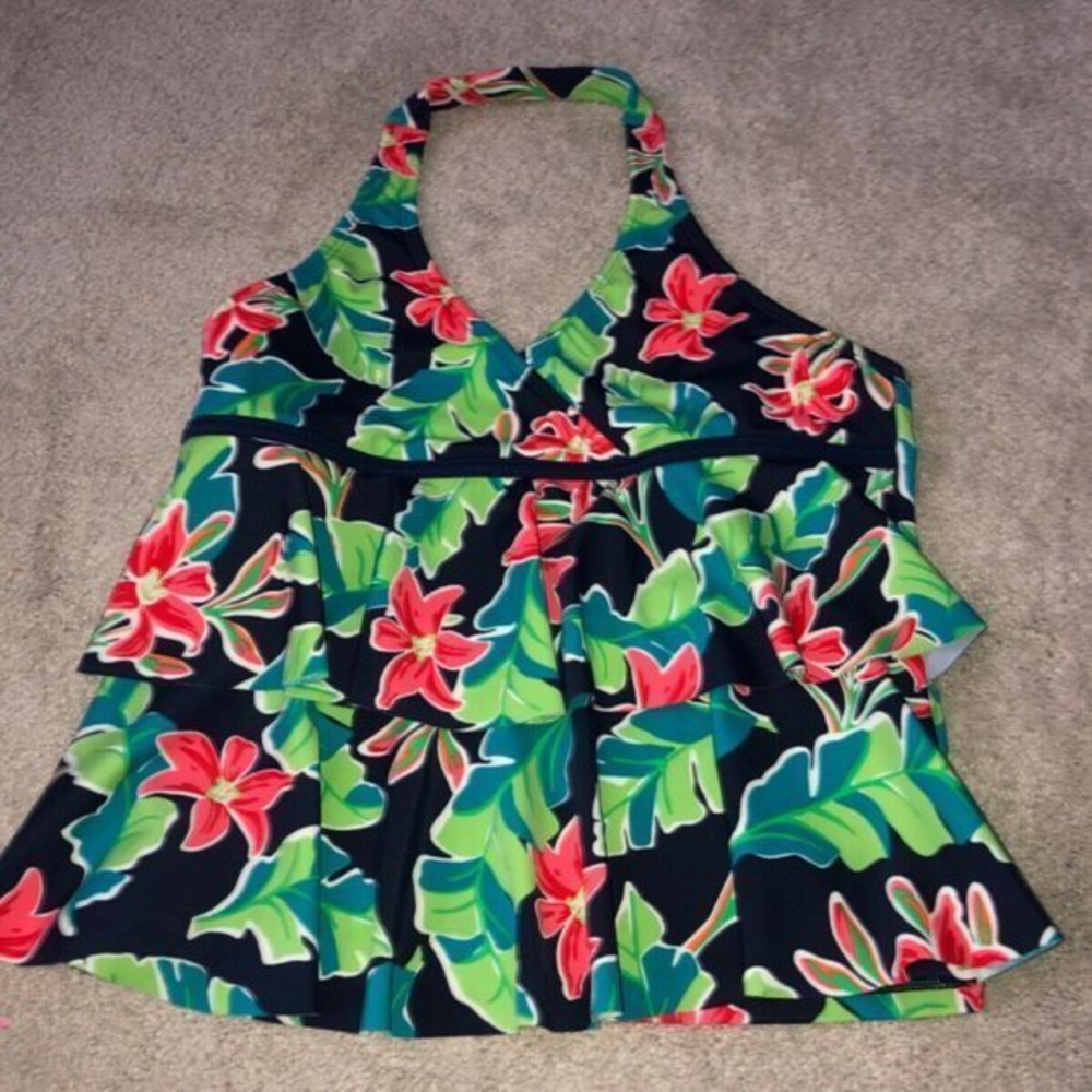 Lands‎ End Girls Size 12 Tankini Top Floral Print Navy Blue Green Red